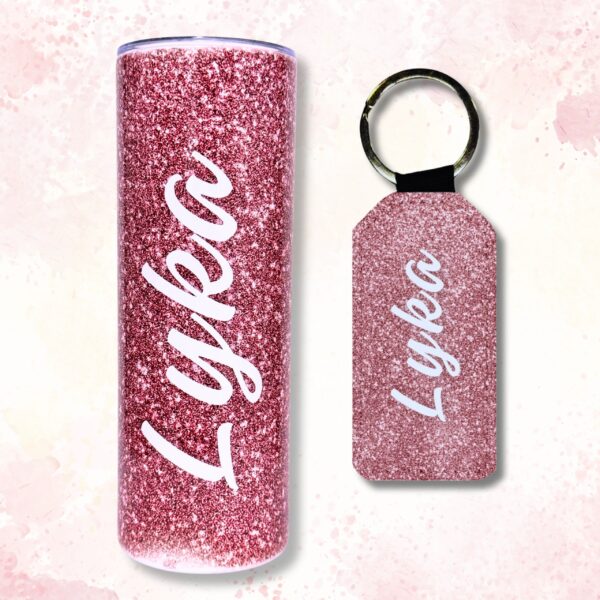 Pink Glitter Metal Tumbler and Keychain Gift Set